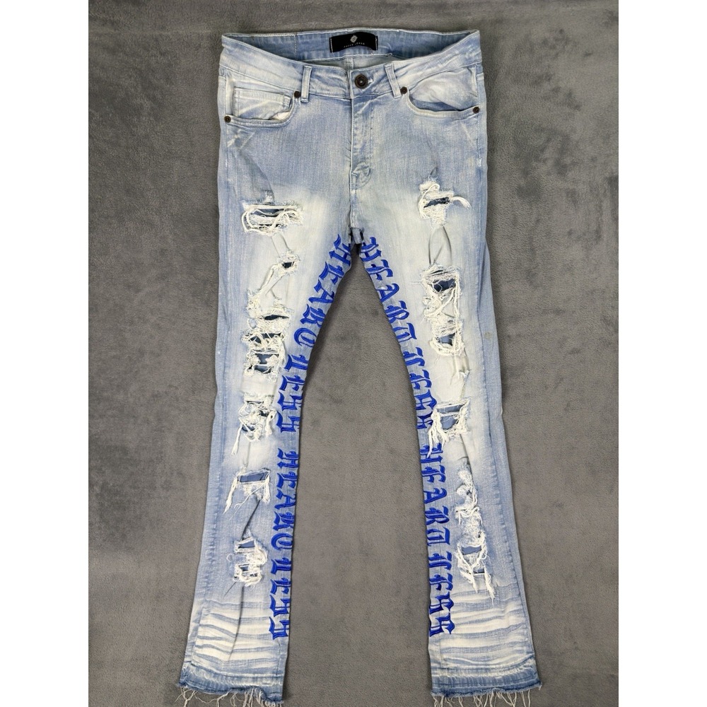 Focus Jeans Mens 32x38 Blue Straight Slim‎ Light Wash Denim Distressed Heartless